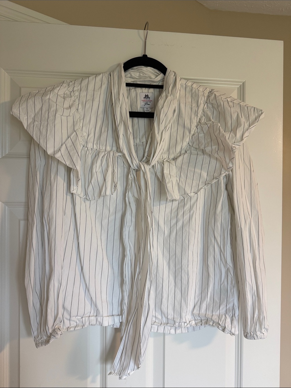 Thomas Mason for J. Crew Cream White Pinstripe Tie-Neck Ruffle Blouse